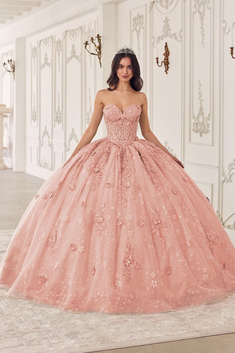 15722 STRAPLESS LACE QUINCEANERA BALL GOWN WITH REMOVABLE PUFF SLEEVES