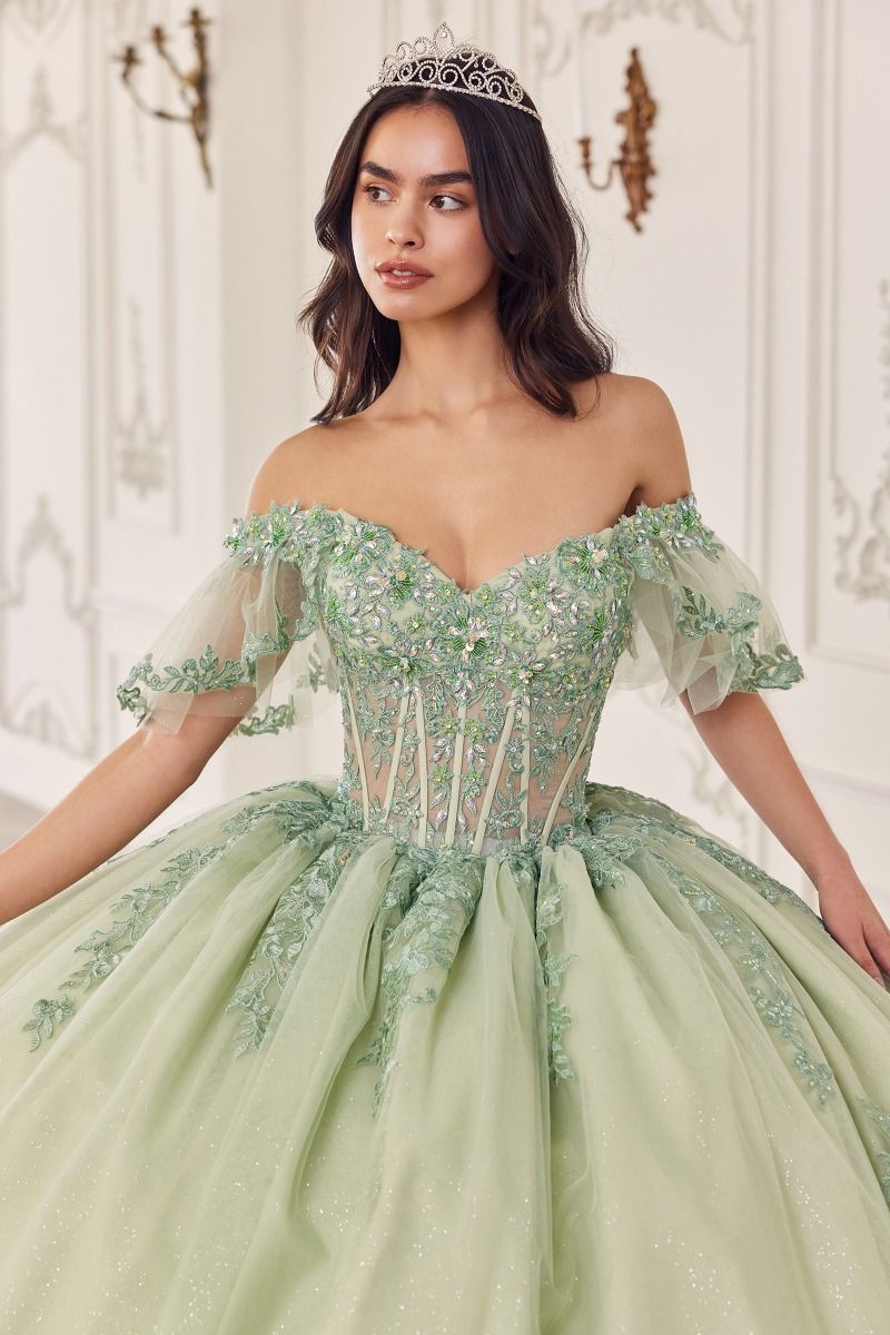 15725 OFF THE SHOULDER FLUTTER SLEEVE BALL GOWN