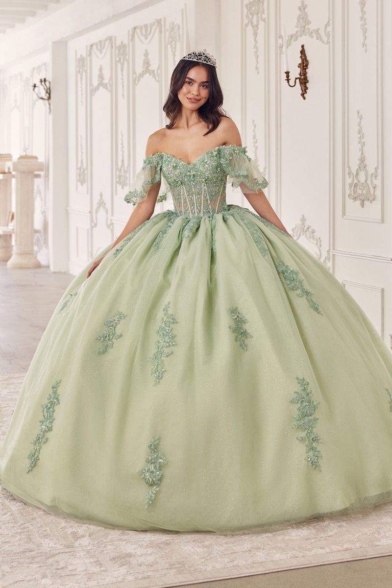 15725 OFF THE SHOULDER FLUTTER SLEEVE BALL GOWN