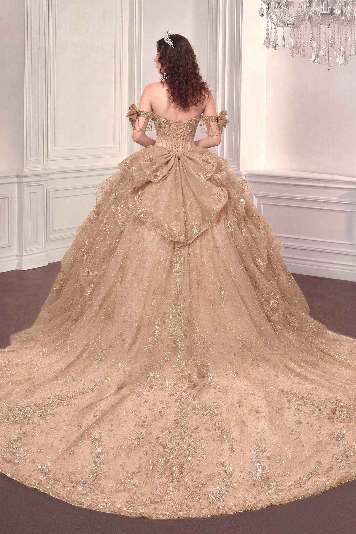 Off-Shoulder Beaded Ball Gown with Corset Back & Bow €“ 15743