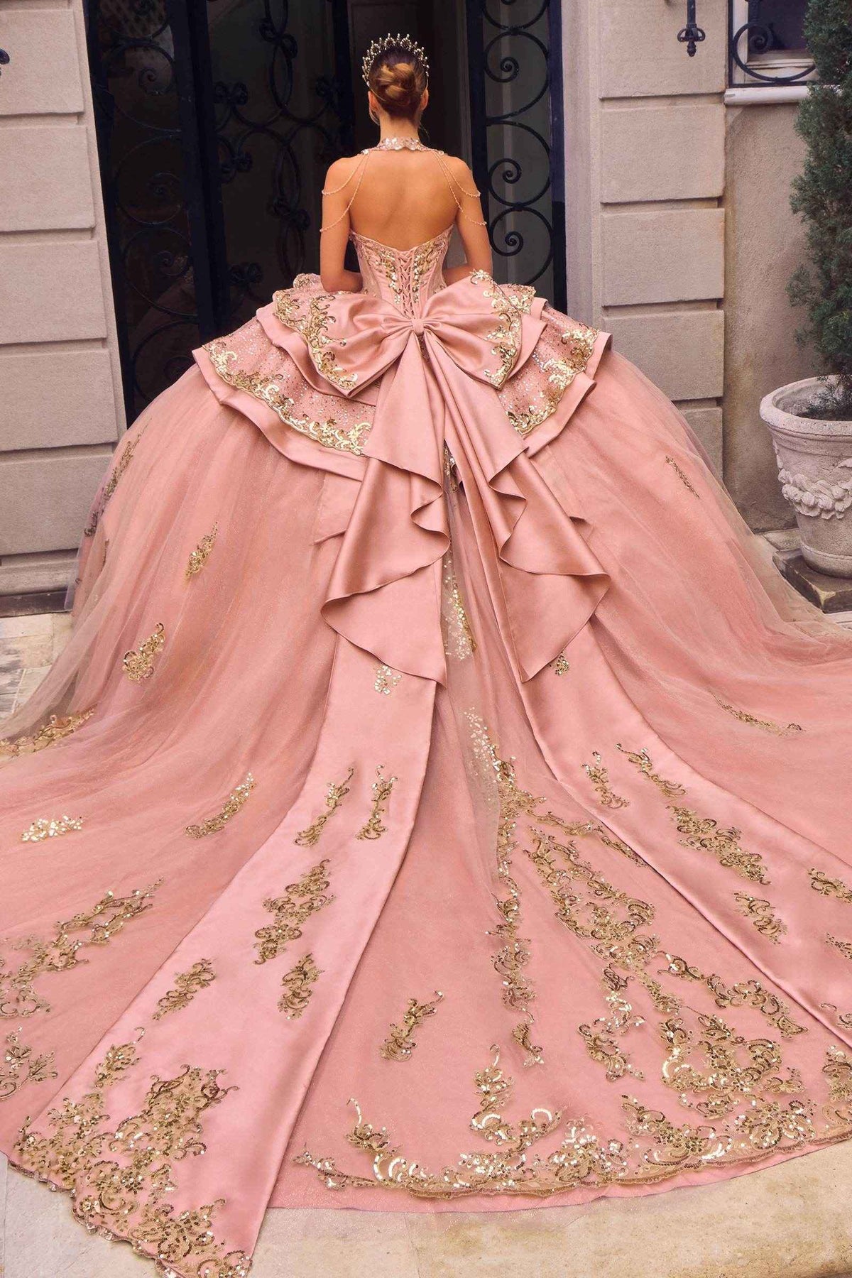Rose Gold Embellished Quinceanera Ball Gown with Corset Bodice, Layered Skirt & Oversized Bow