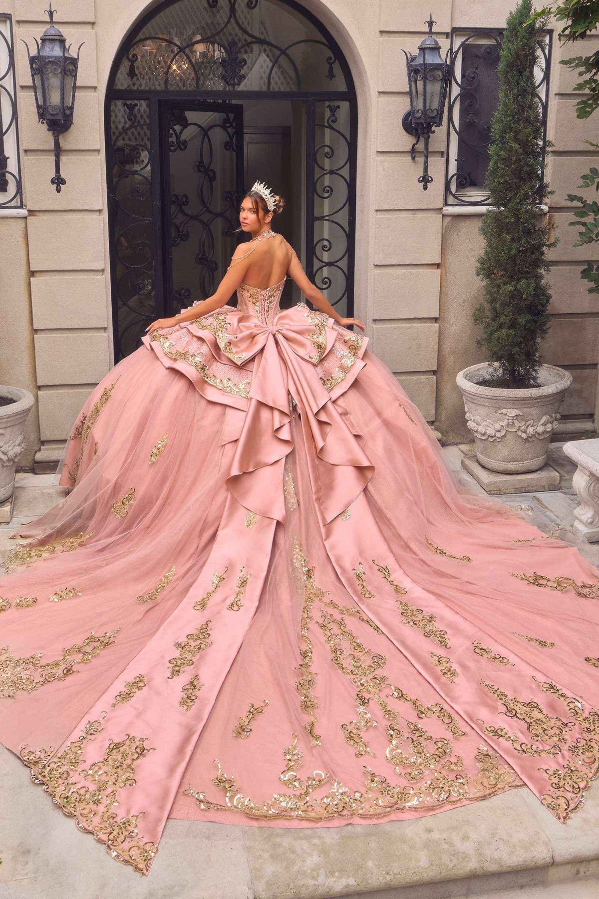 Rose Gold Embellished Quinceanera Ball Gown with Corset Bodice, Layered Skirt & Oversized Bow