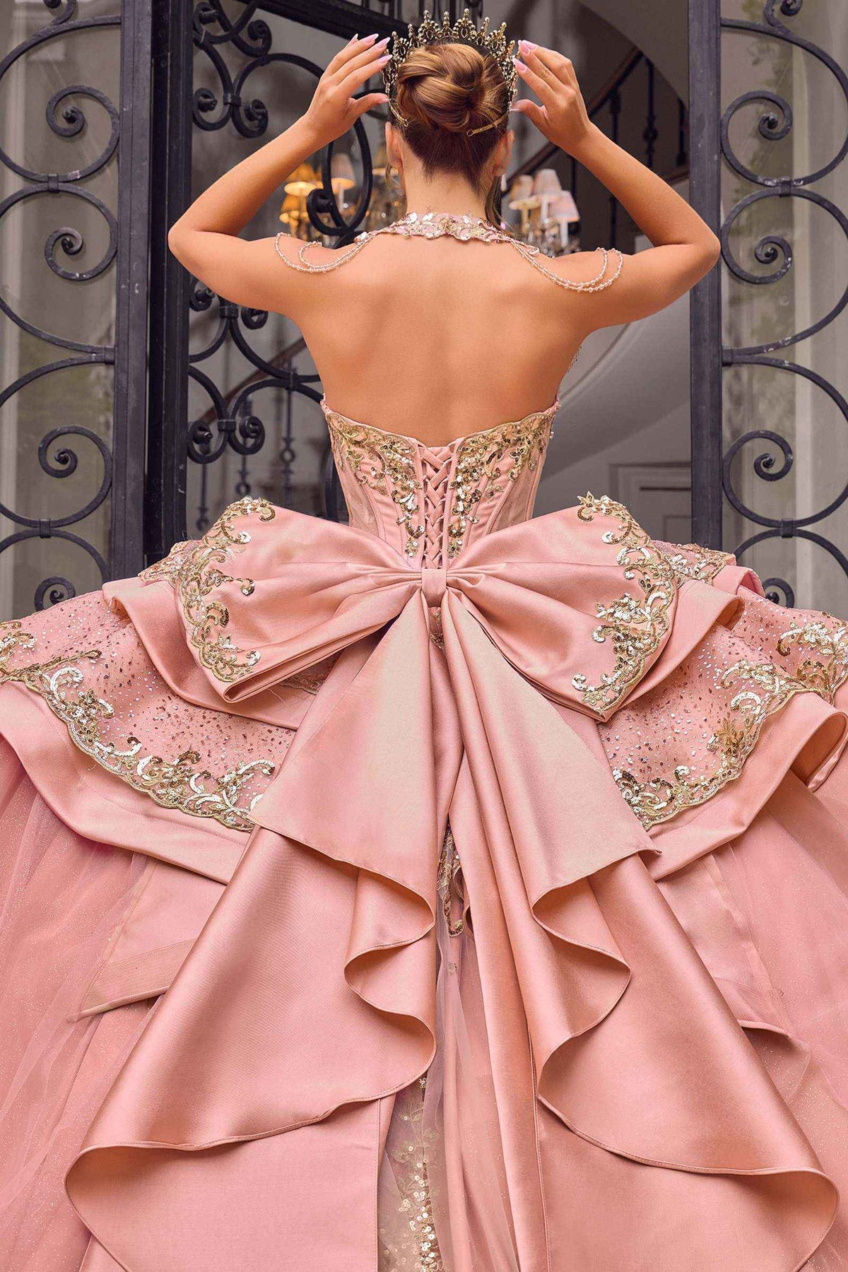 Rose Gold Embellished Quinceanera Ball Gown with Corset Bodice, Layered Skirt & Oversized Bow