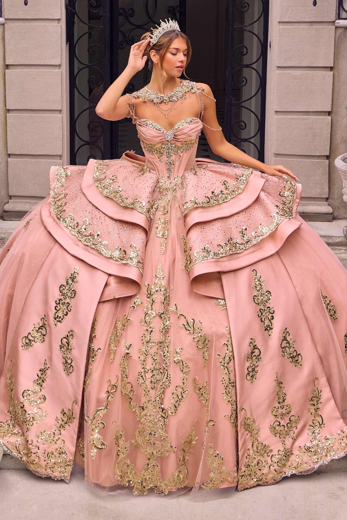 Rose Gold Embellished Quinceanera Ball Gown with Corset Bodice, Layered Skirt & Oversized Bow