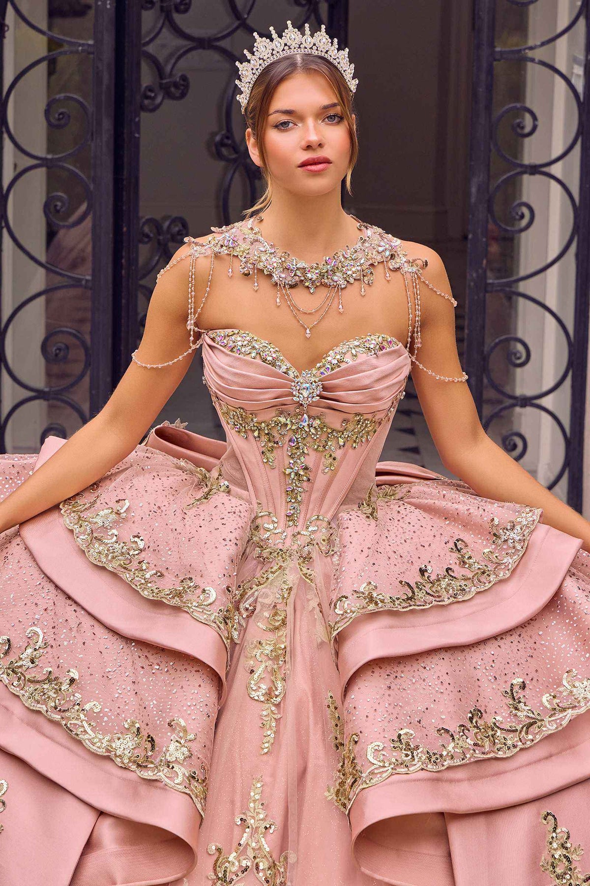 Rose Gold Embellished Quinceanera Ball Gown with Corset Bodice, Layered Skirt & Oversized Bow
