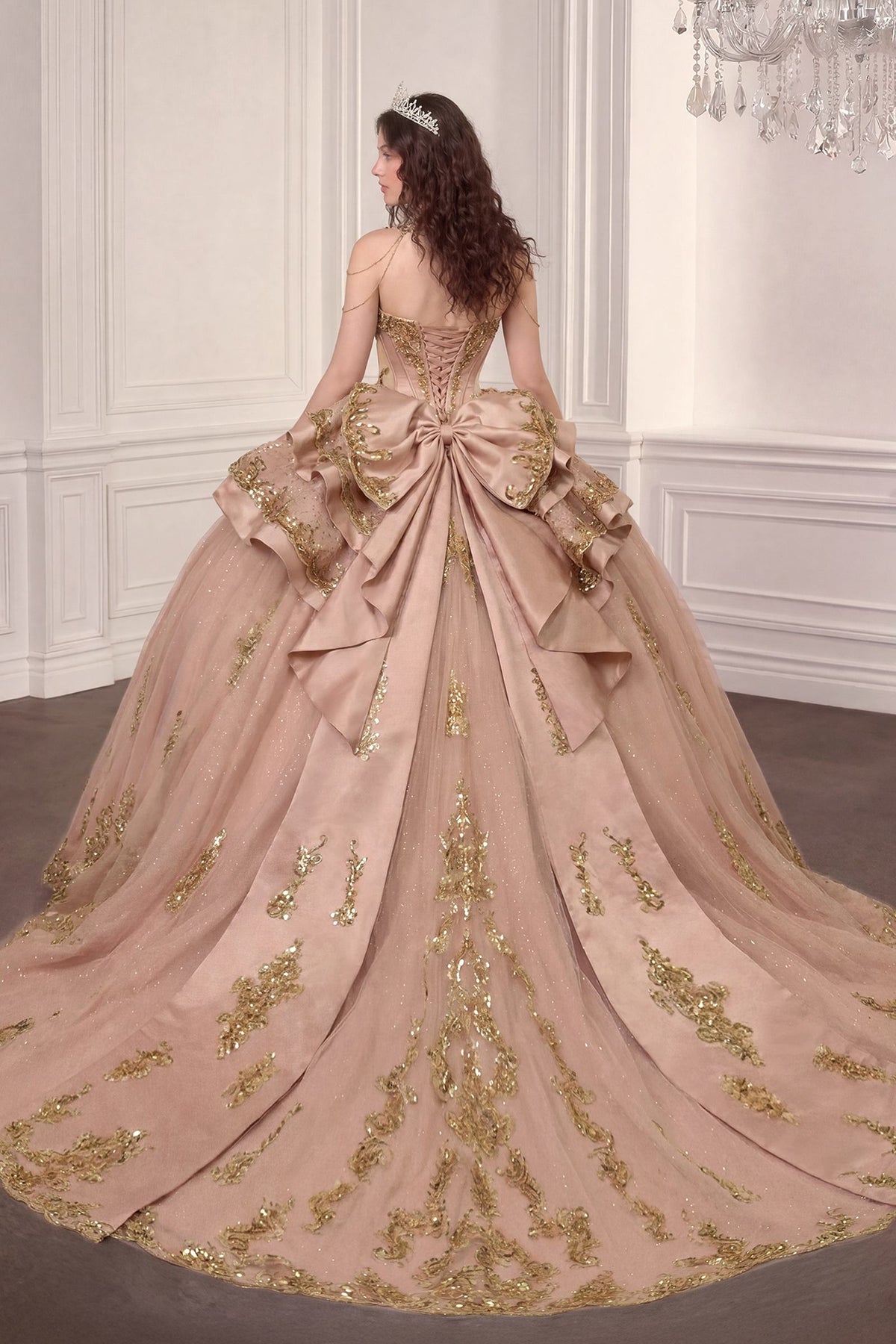 Rose Gold Embellished Quinceanera Ball Gown with Corset Bodice, Layered Skirt & Oversized Bow