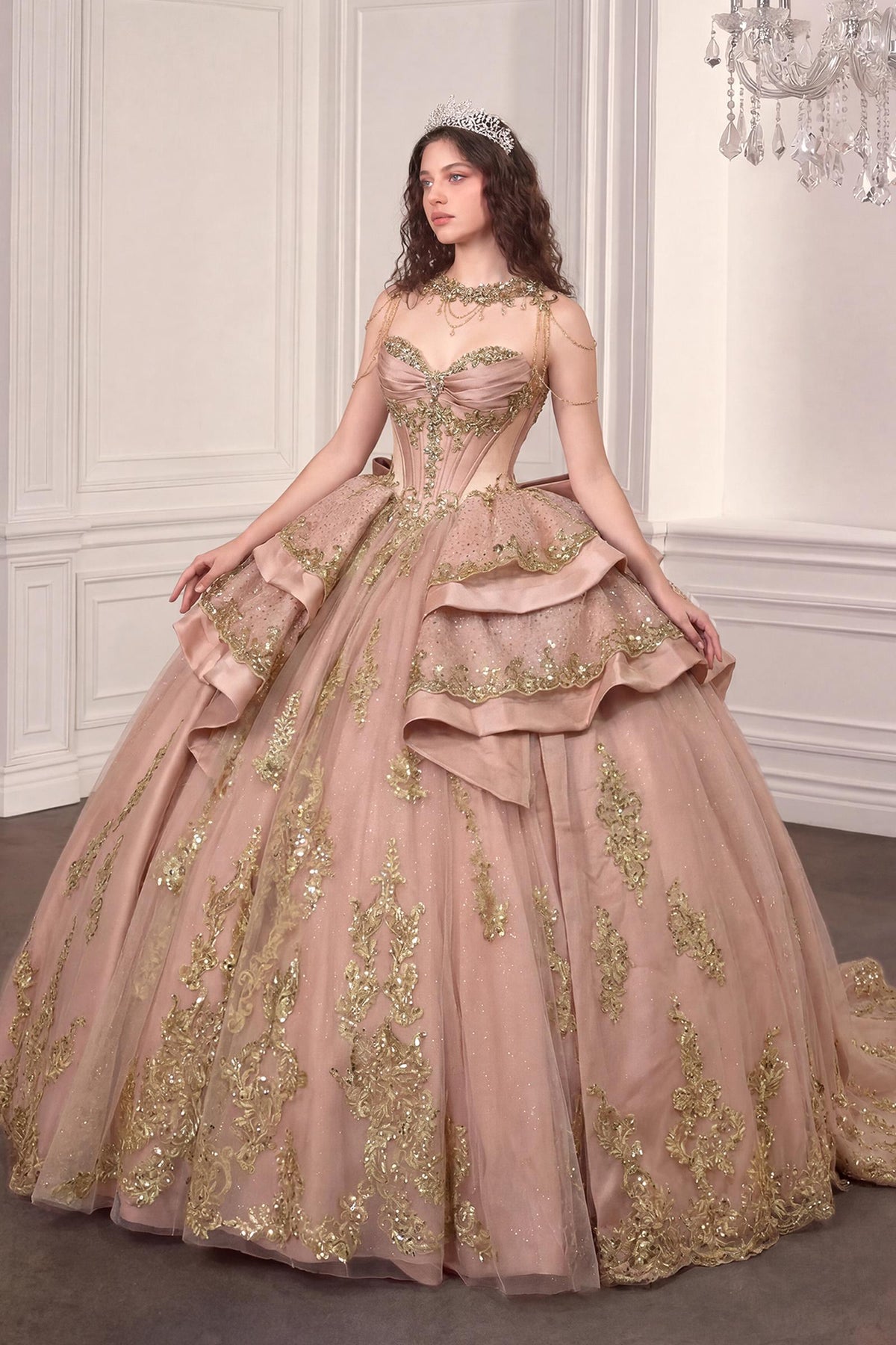 Rose Gold Embellished Quinceanera Ball Gown with Corset Bodice, Layered Skirt & Oversized Bow