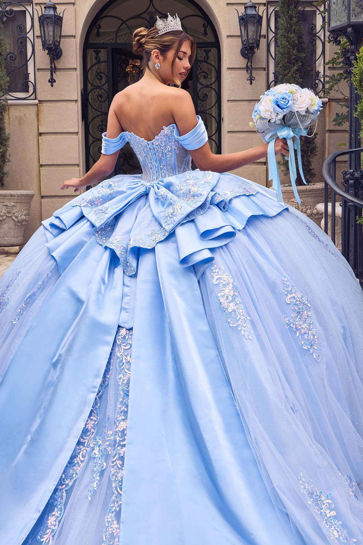 Off-Shoulder Quinceanera Ball Gown 15745 with Beaded Corset, Overskirt Bow & Lace-Up Back