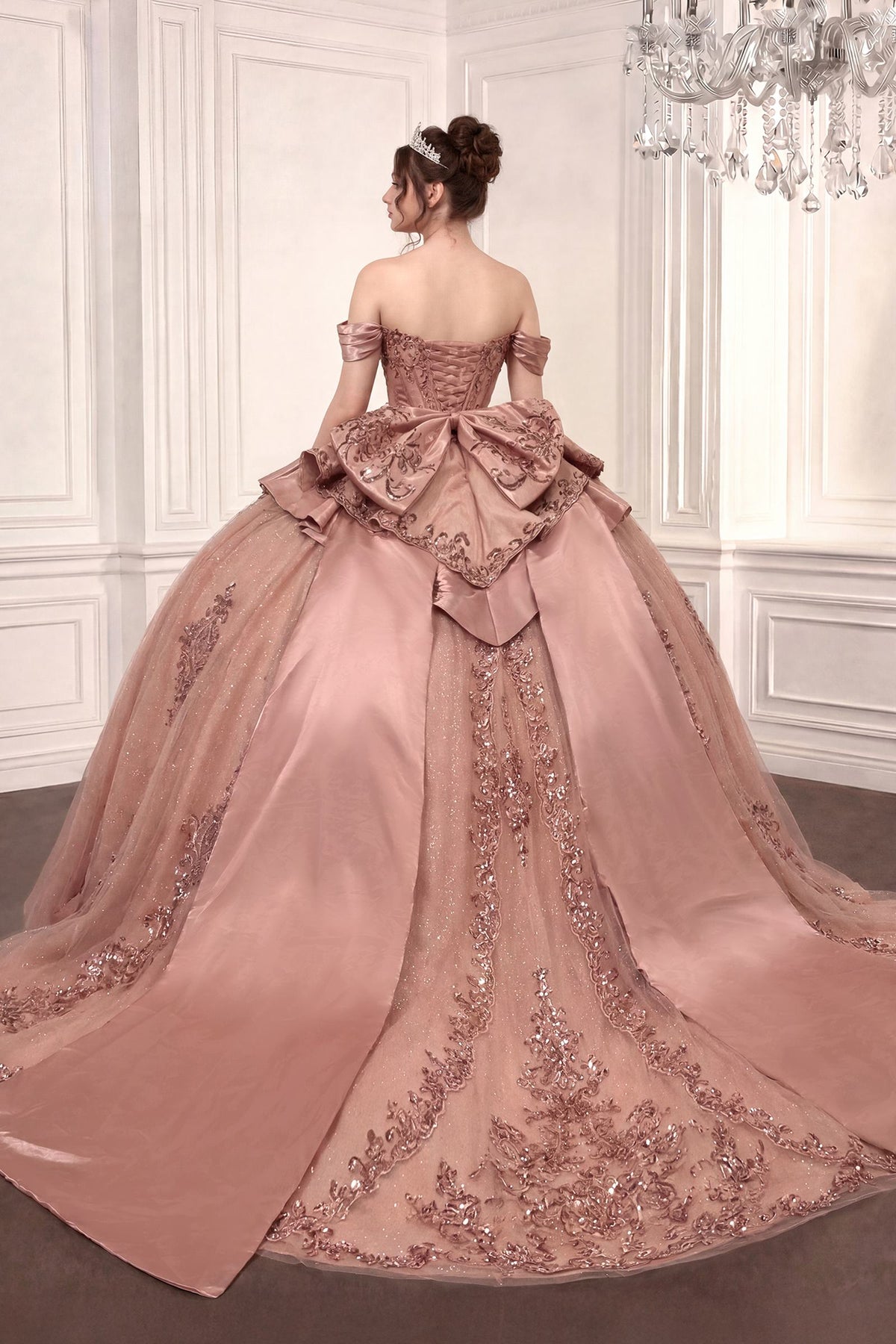 Off-Shoulder Quinceanera Ball Gown 15745 with Beaded Corset, Overskirt Bow & Lace-Up Back