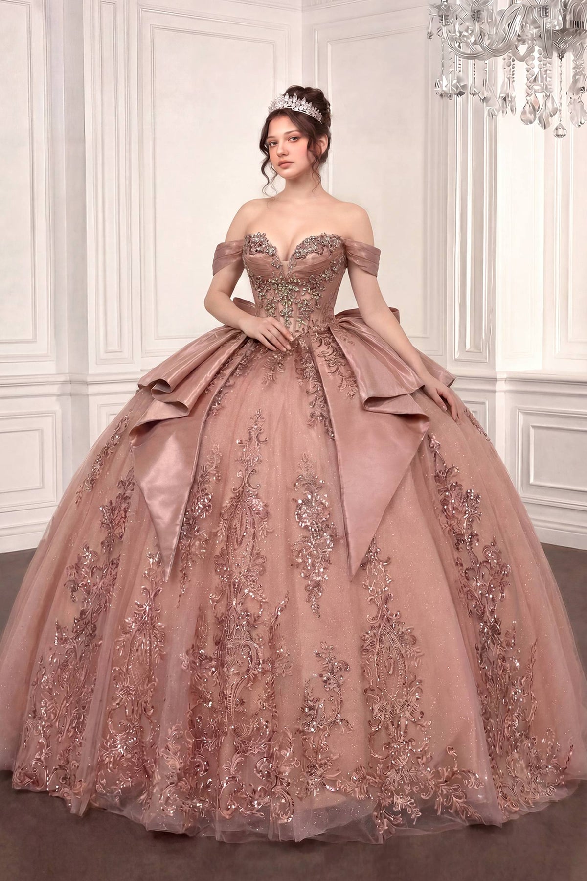 Off-Shoulder Quinceanera Ball Gown 15745 with Beaded Corset, Overskirt Bow & Lace-Up Back