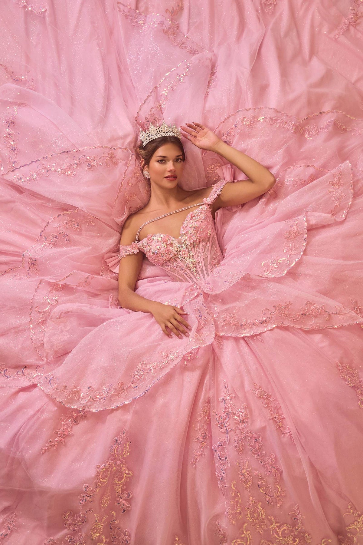 Ladivine 15747 Off The Shoulder Layered Quinceanera Pink Ball Gown