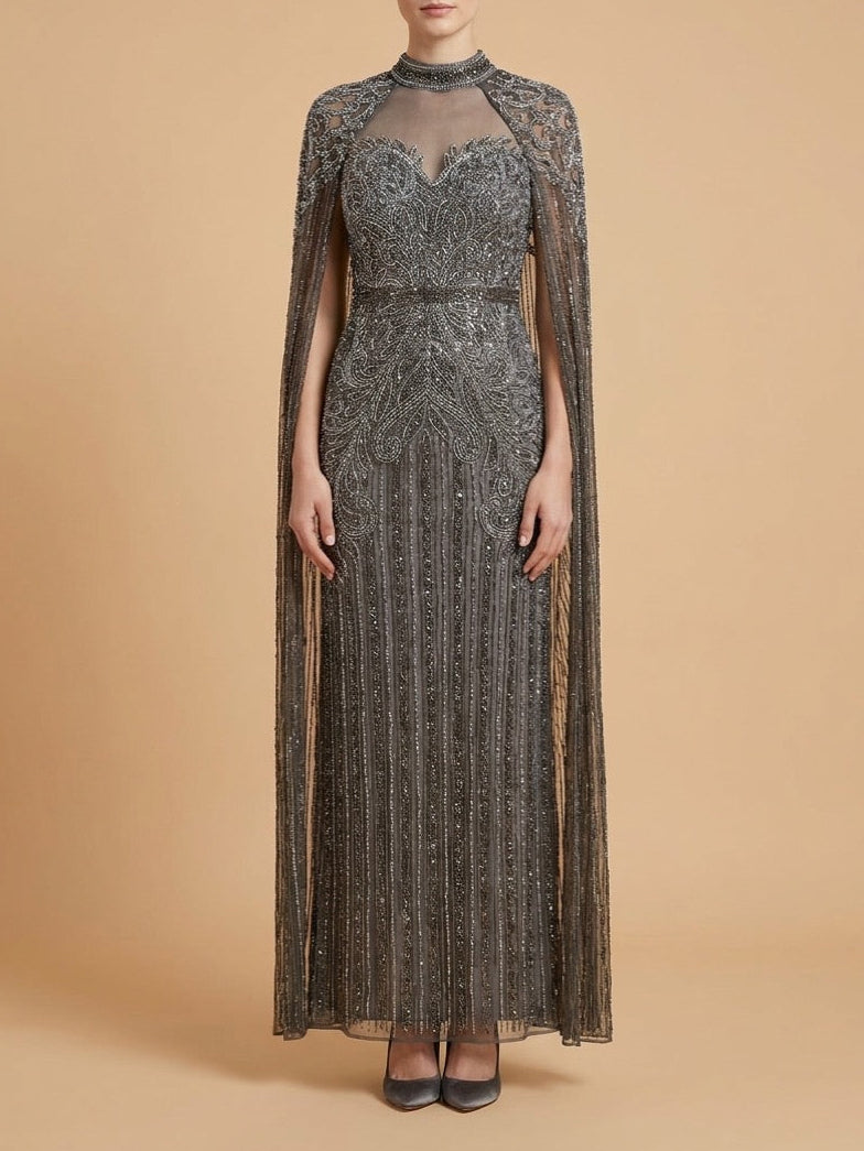 High Neck Beaded Dress with Long Cape |  28834