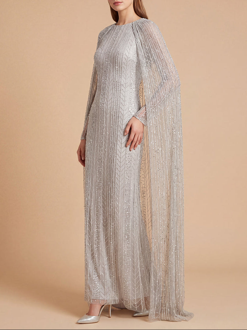 High Neck Linear Beaded Dress with Long Cape |  28837