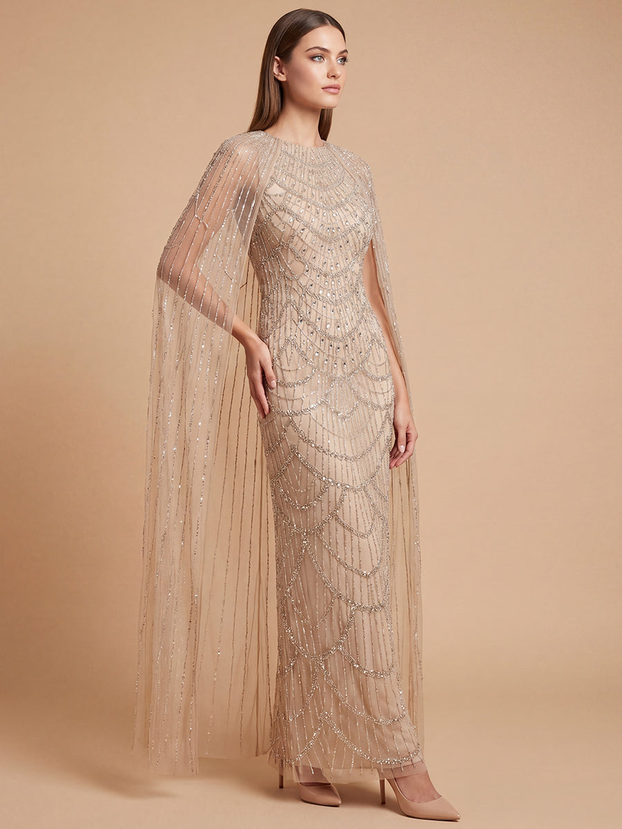 High Neck Beaded Dress with Long Cape |  28840
