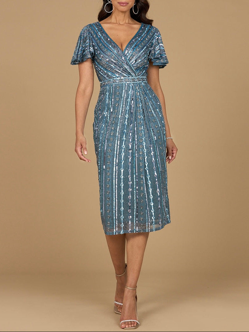 Beaded Midi Dress with Flutter Sleeves