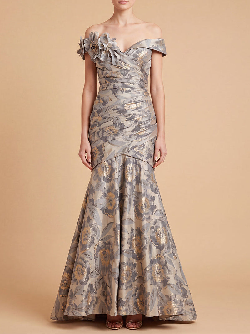 Off Shoulder Brocade Mermaid Gown