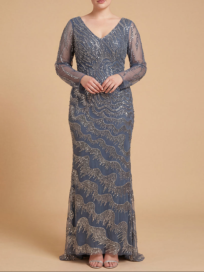Lara 28949- Long Sleeve V-Neck Sheath Gown