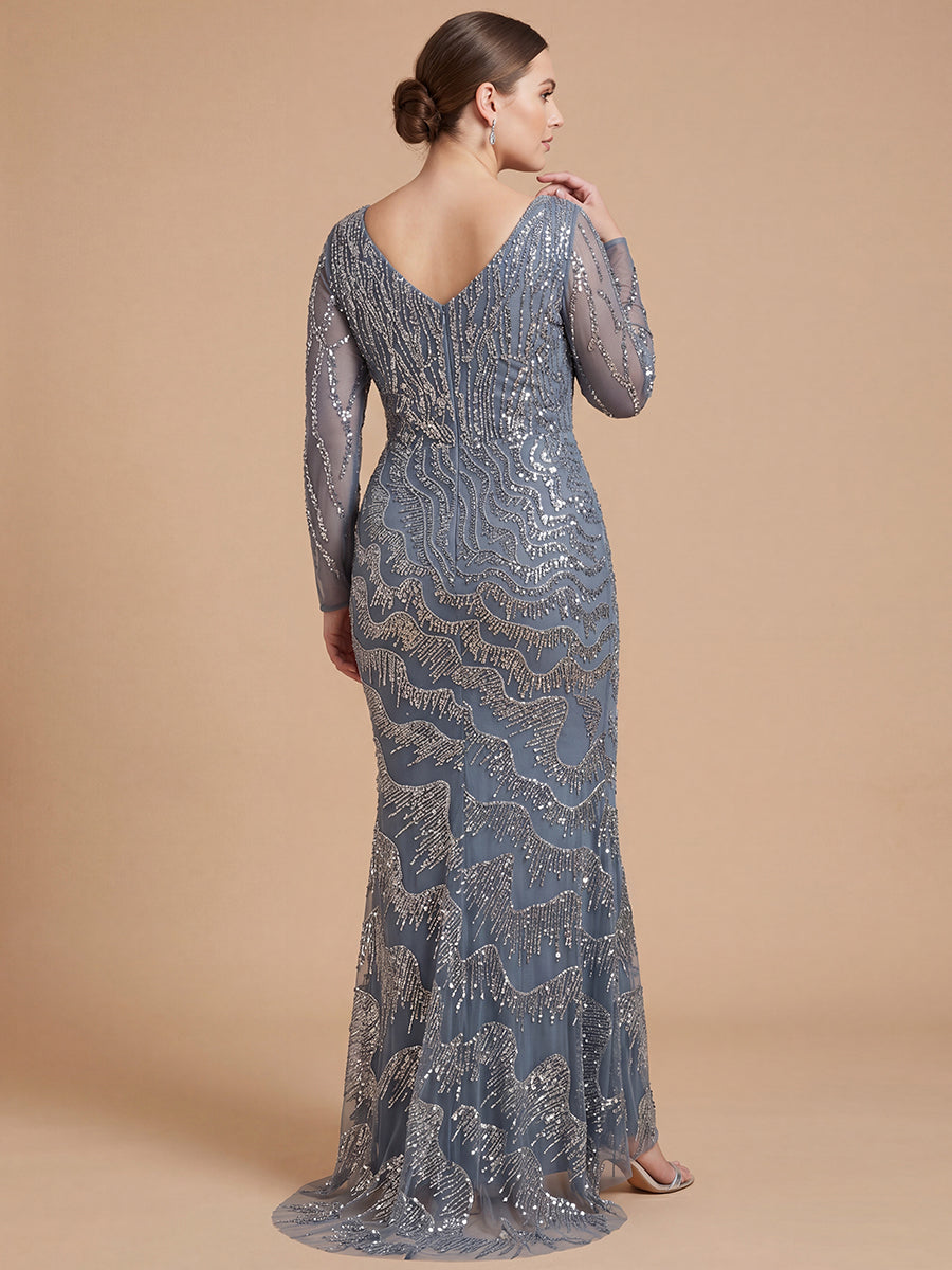 Lara 28949- Long Sleeve V-Neck Sheath Gown