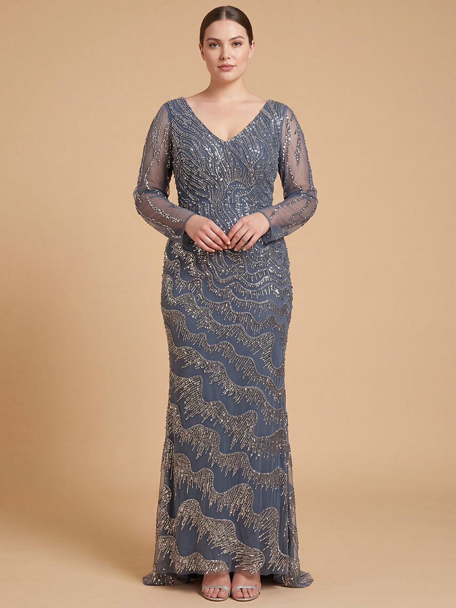 Lara 28949- Long Sleeve V-Neck Sheath Gown