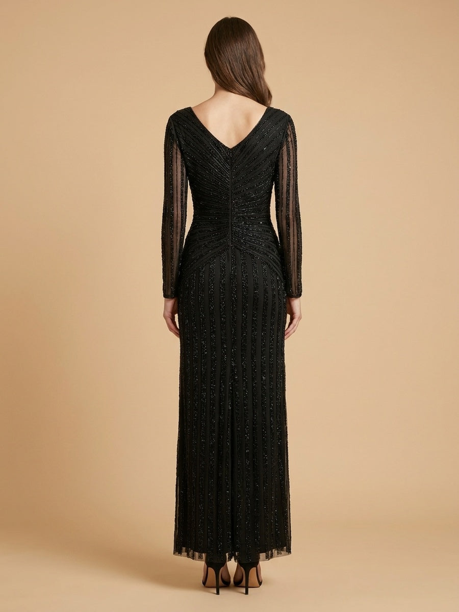 Long Sleeve Linear Beaded Gown | 28953
