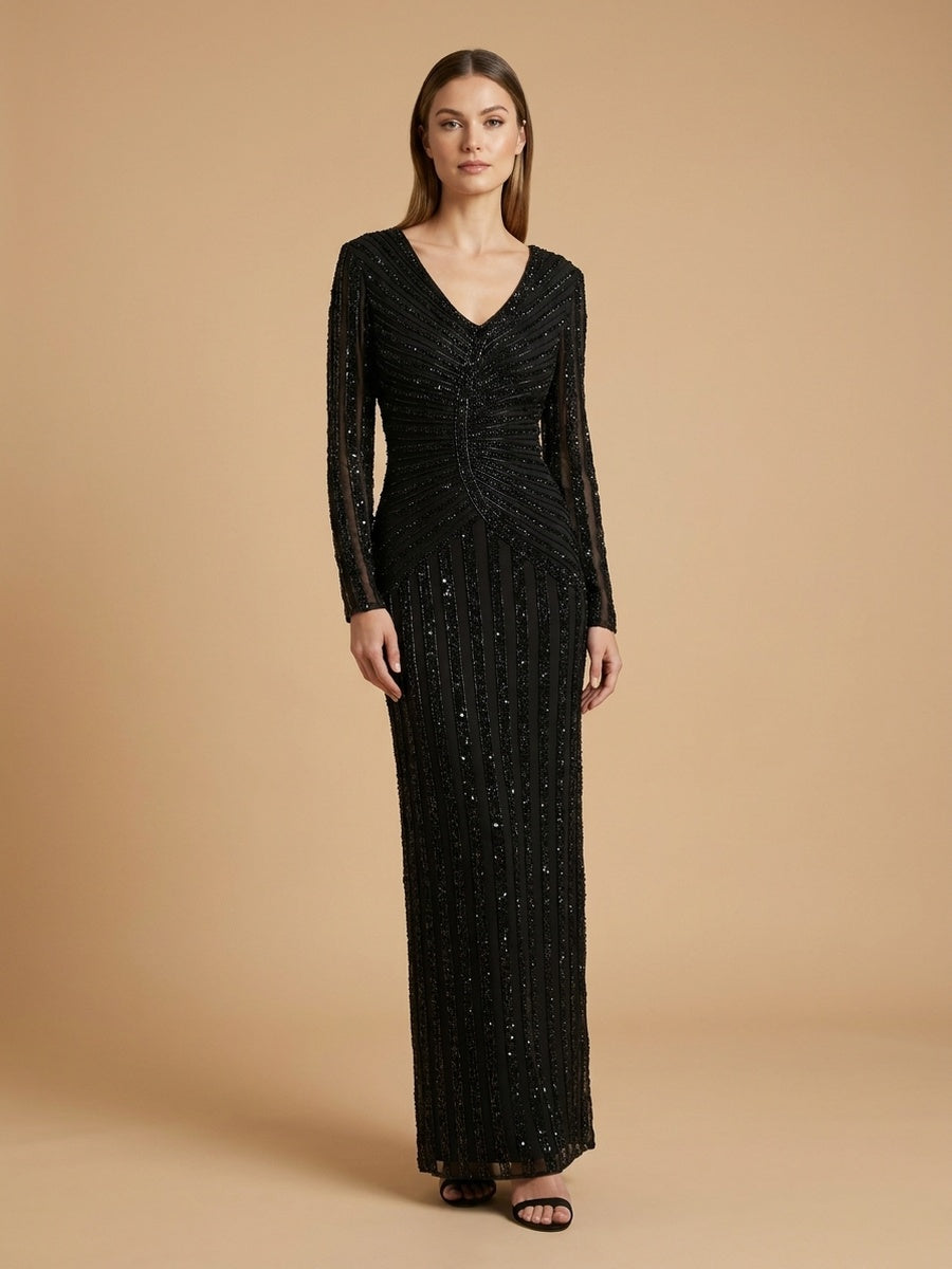 Long Sleeve Linear Beaded Gown | 28953