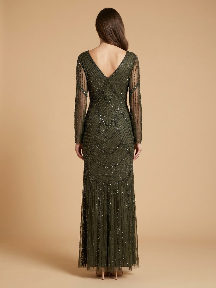 Long Sleeve Beaded Gown with Trumpet Sleeves