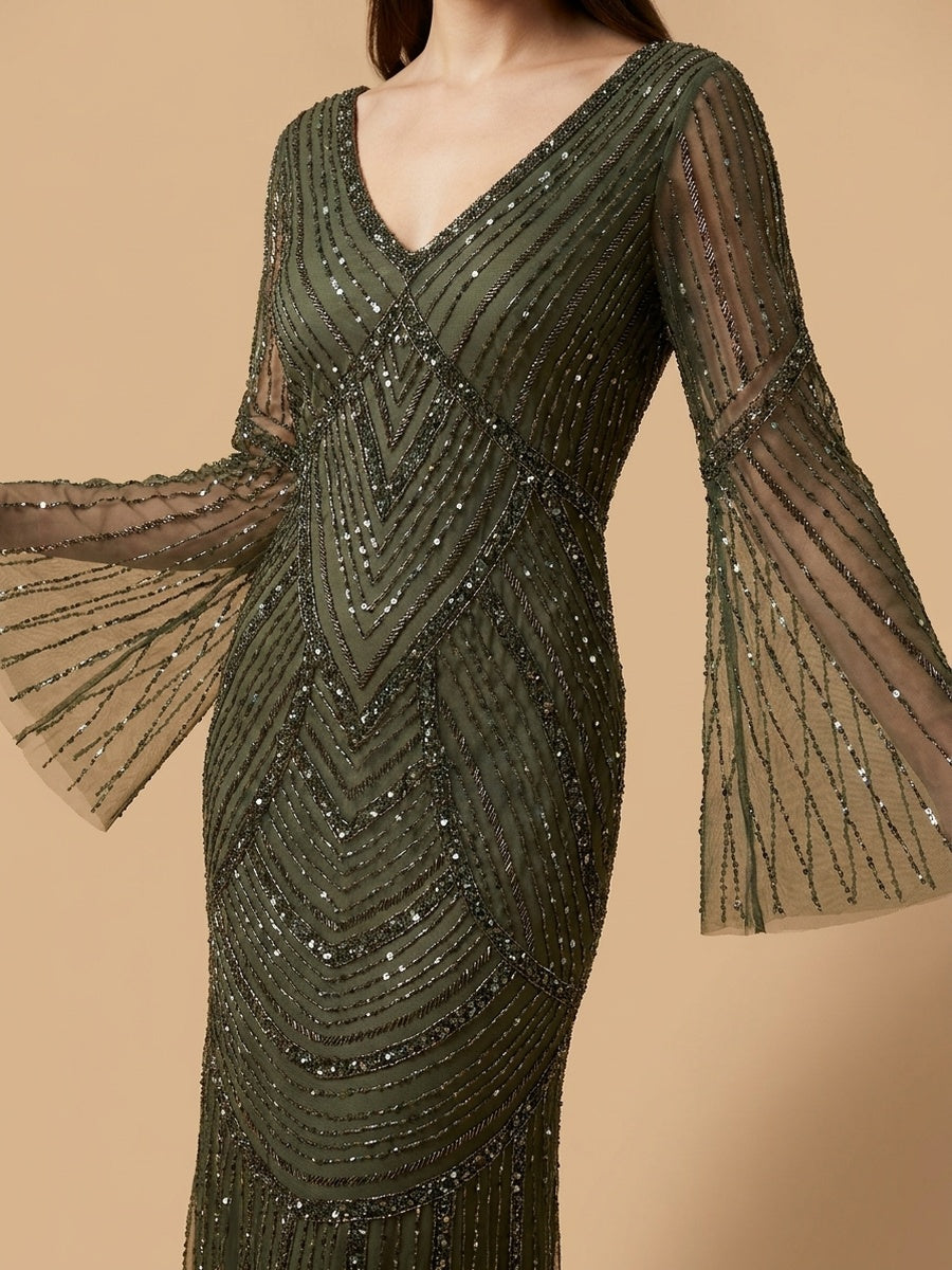 Long Sleeve Beaded Gown with Trumpet Sleeves