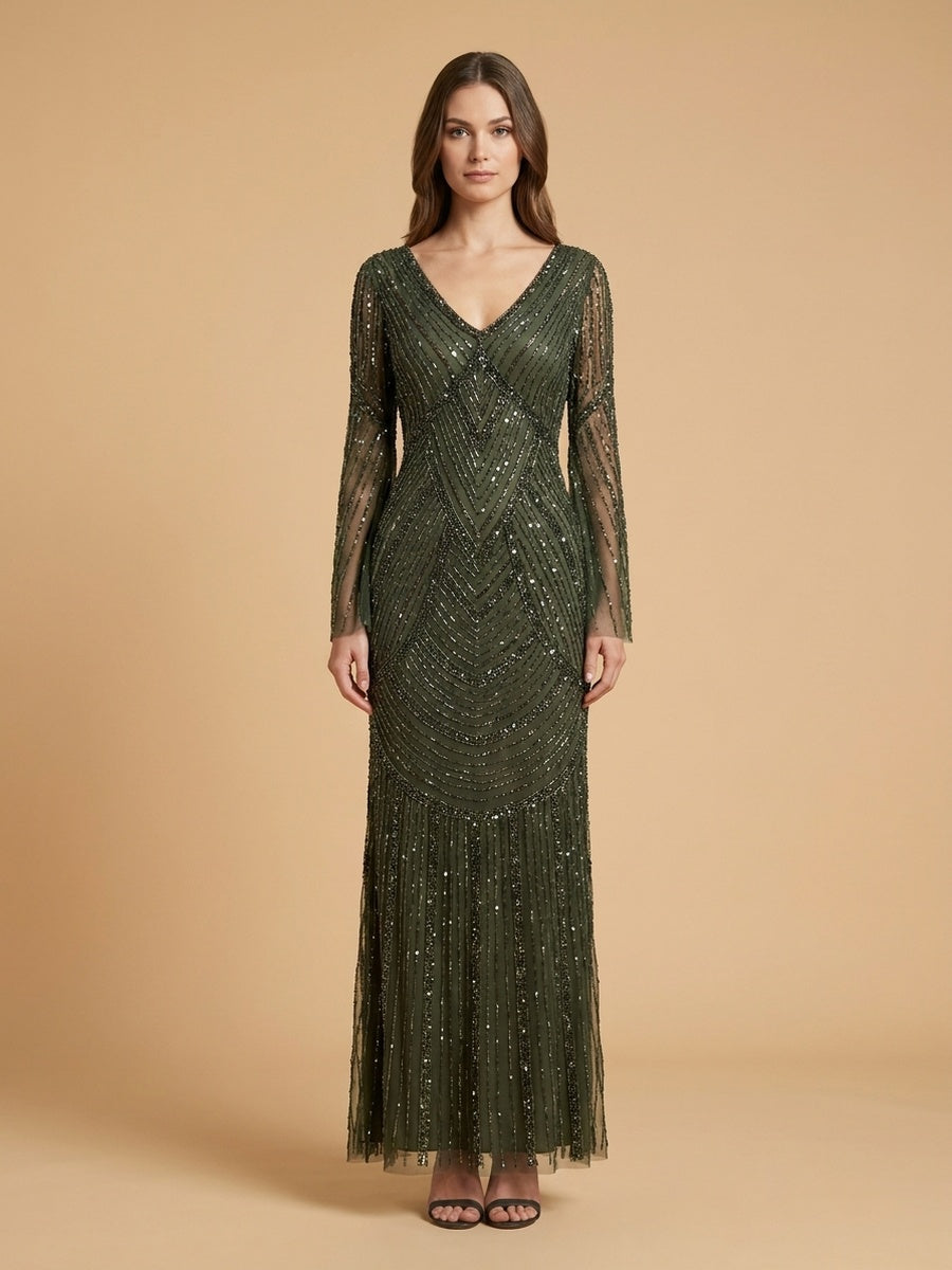 Long Sleeve Beaded Gown with Trumpet Sleeves