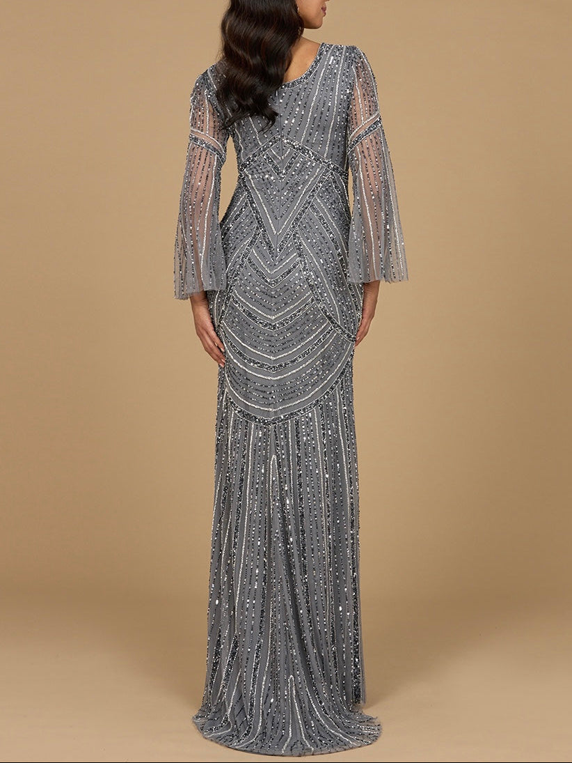 Long Sleeve Beaded Gown with Trumpet Sleeves
