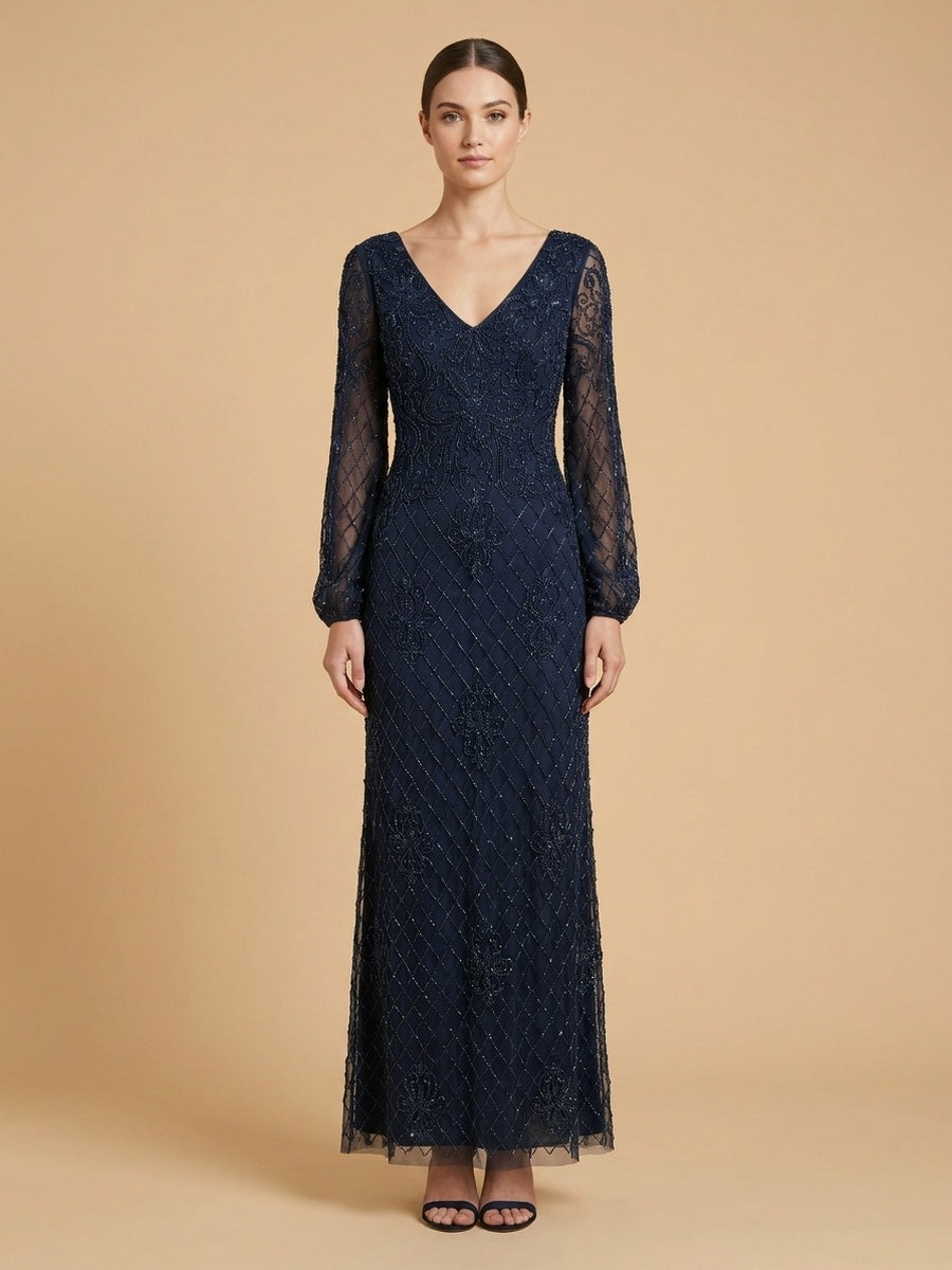 Long Sleeve Beaded Gown with Bishop Sleeves | 28955