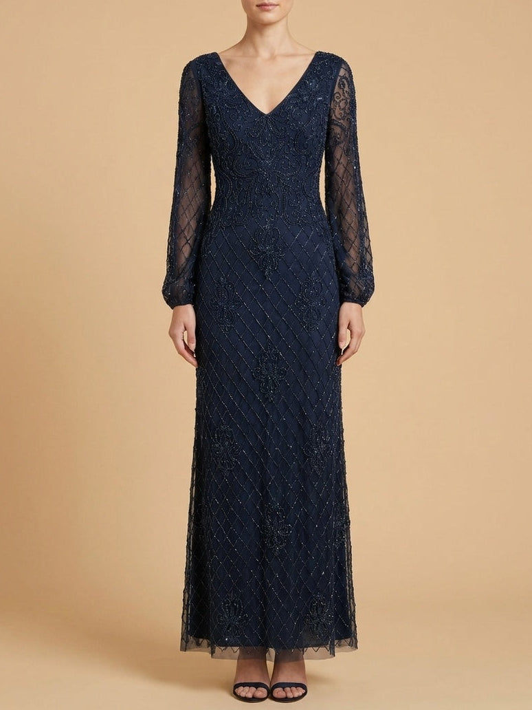 Long Sleeve Beaded Gown with Bishop Sleeves | 28955