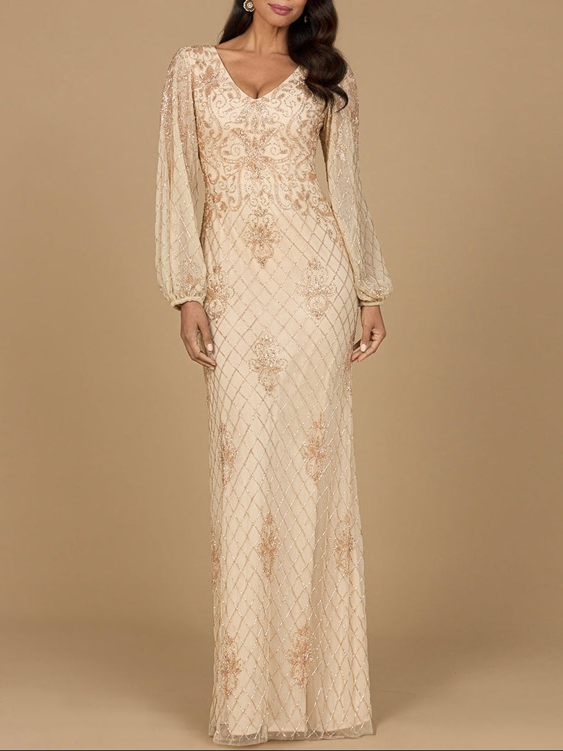 Long Sleeve Beaded Gown with Bishop Sleeves | 28955