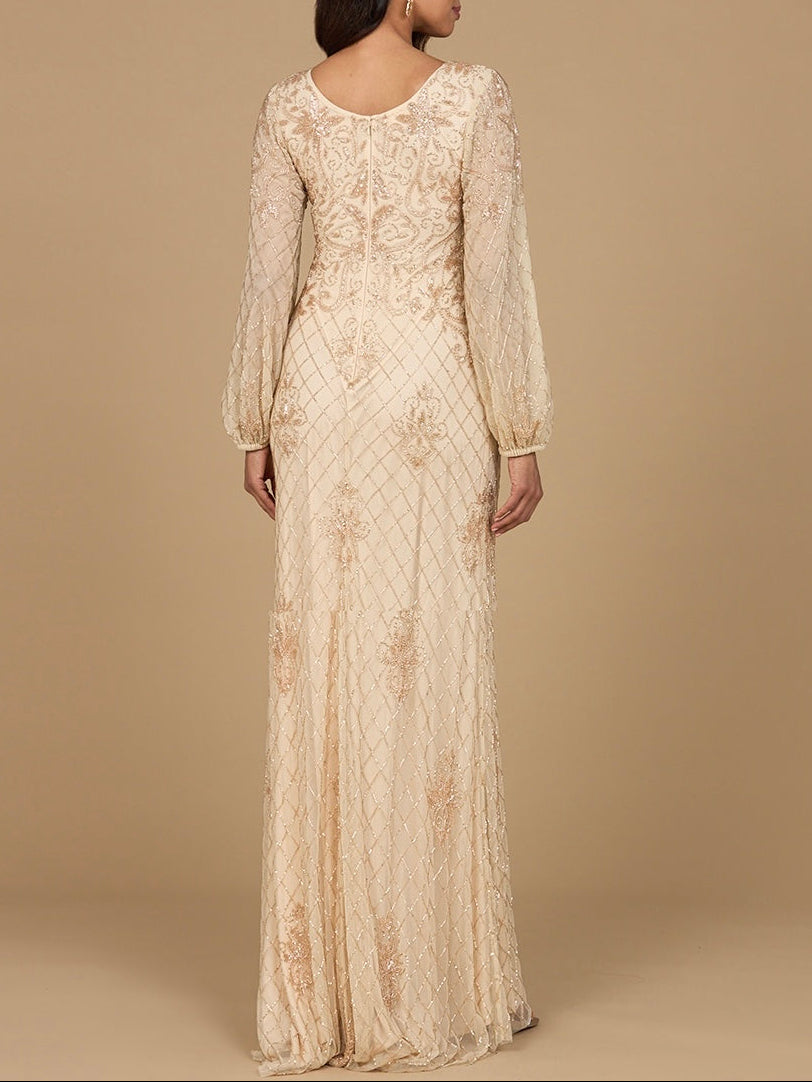 Long Sleeve Beaded Gown with Bishop Sleeves | 28955