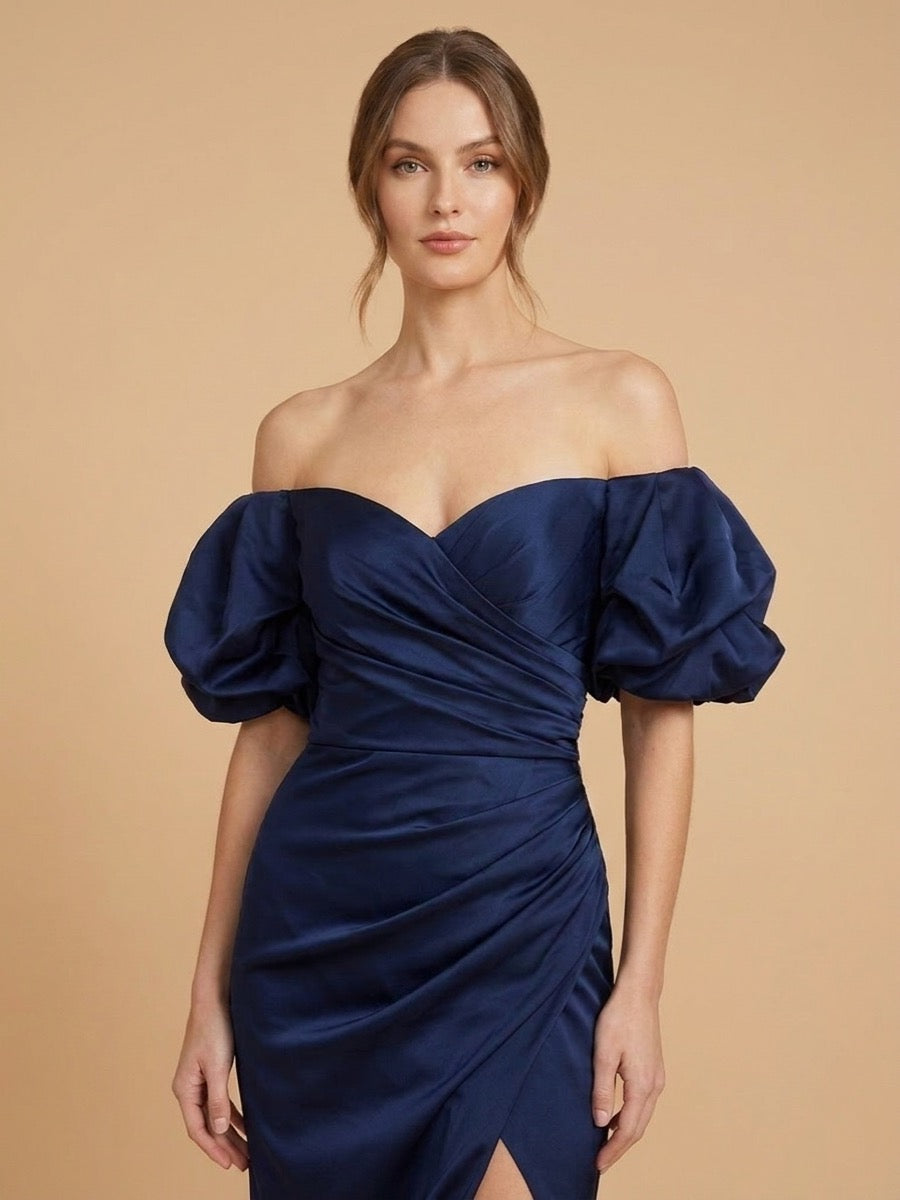 Off Shoulder Satin Dress with Slit | 28957