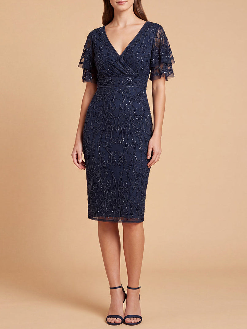 Beaded Midi Dress with Cape Sleeves