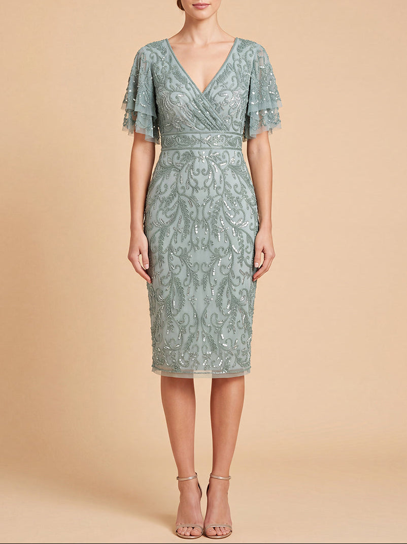 Beaded Midi Dress with Cape Sleeves