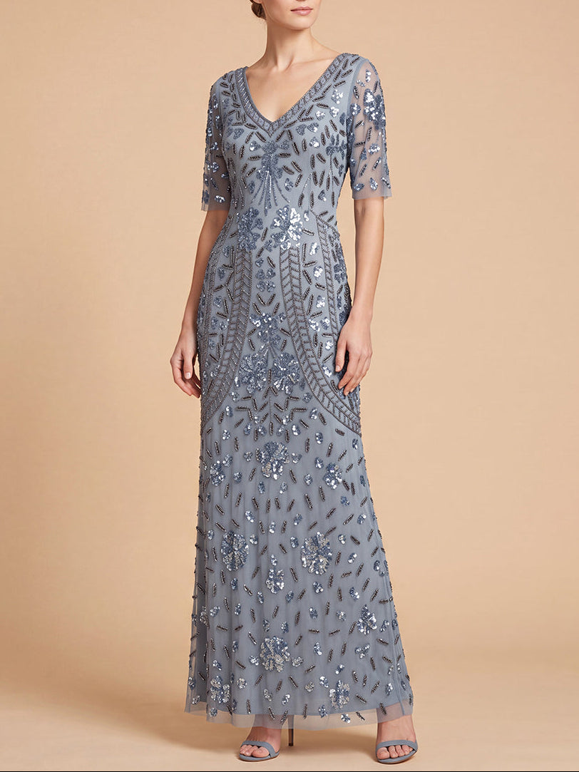 V-Neck, Cape Sleeve Beaded Gown