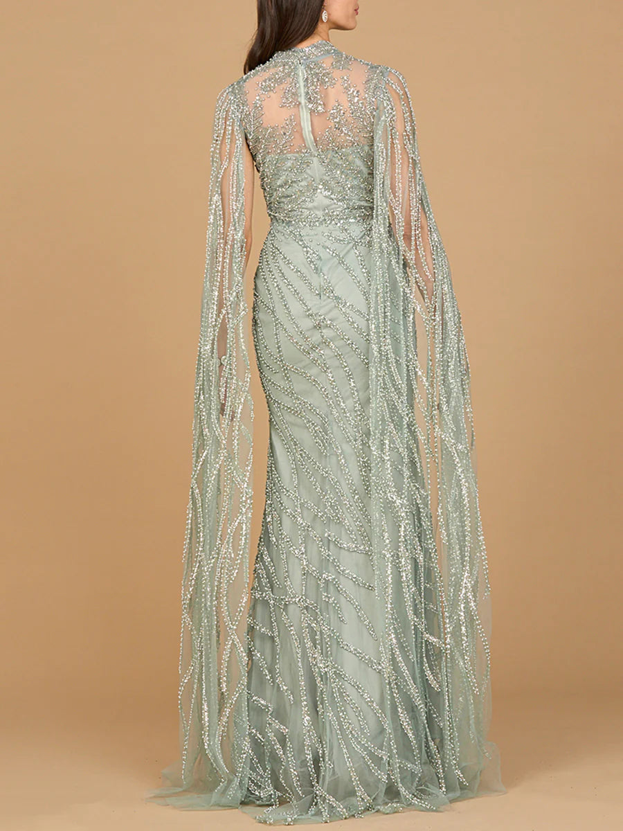 LARA 29042 - HIGH NECK GOWN WITH LONG CAPE SLEEVES