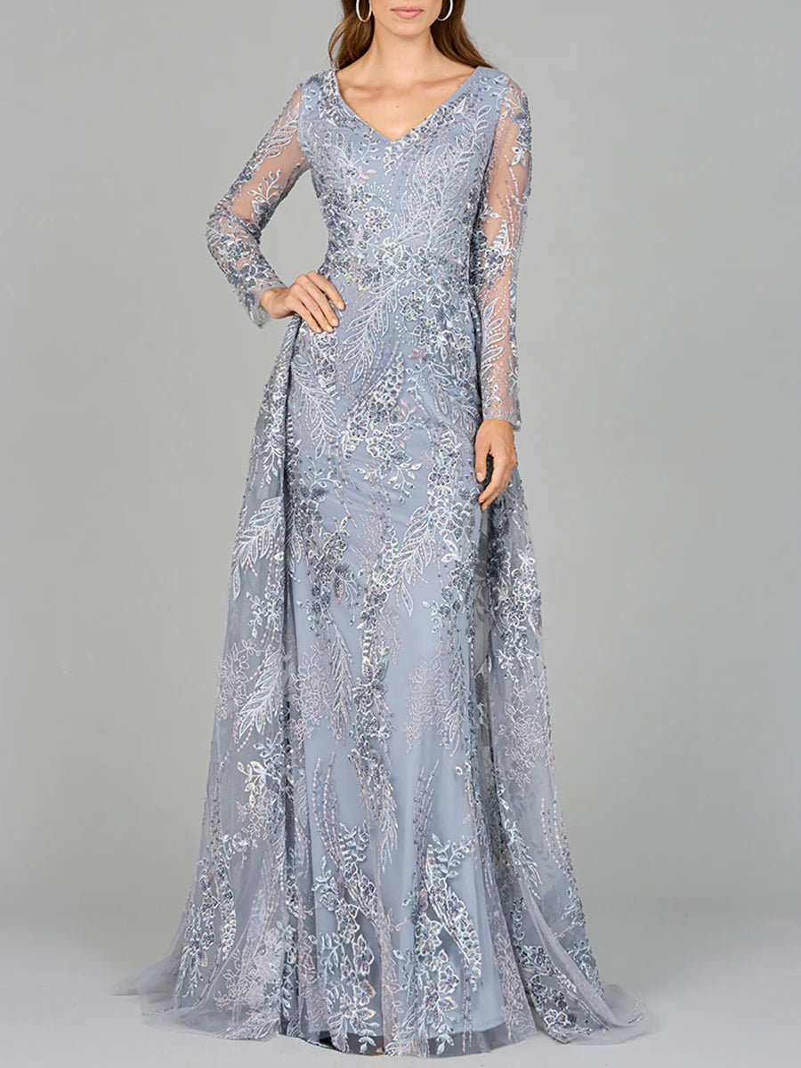 29046 Lace Long Sleeve Gown with Overskirt