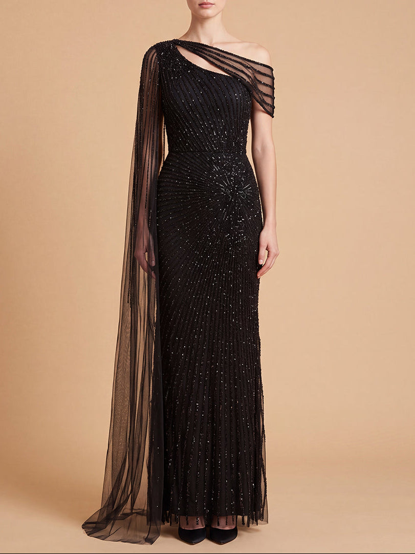 One Shoulder Fitted Gown with Cape Sleeve | Lara 29051