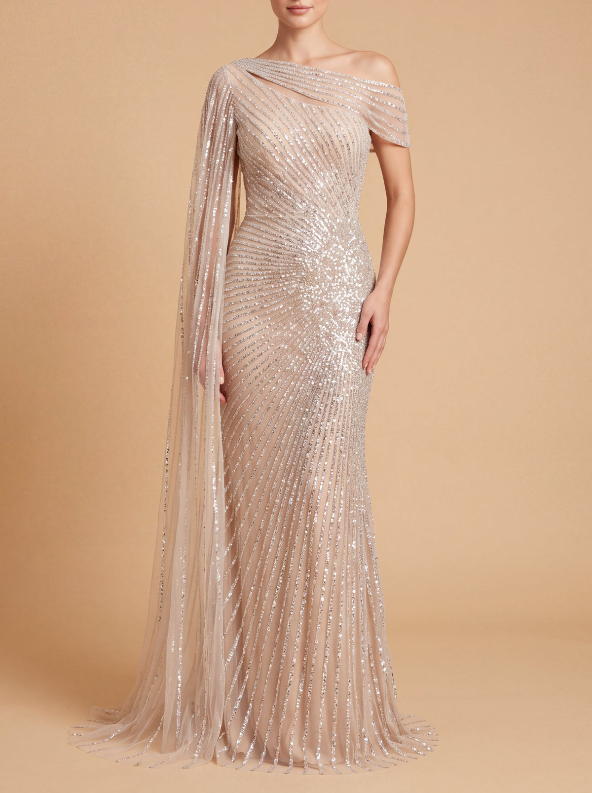 One Shoulder Fitted Gown with Cape Sleeve | Lara 29051