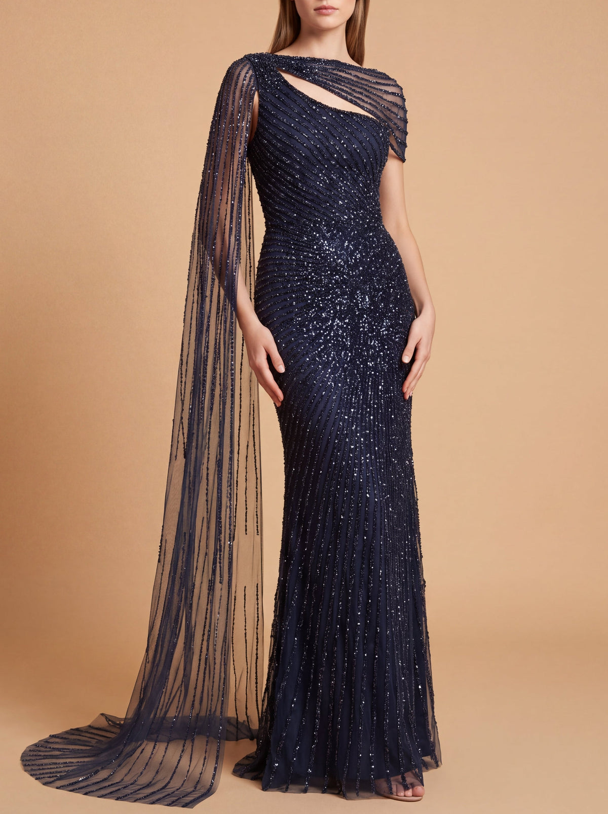 One Shoulder Fitted Gown with Cape Sleeve | Lara 29051