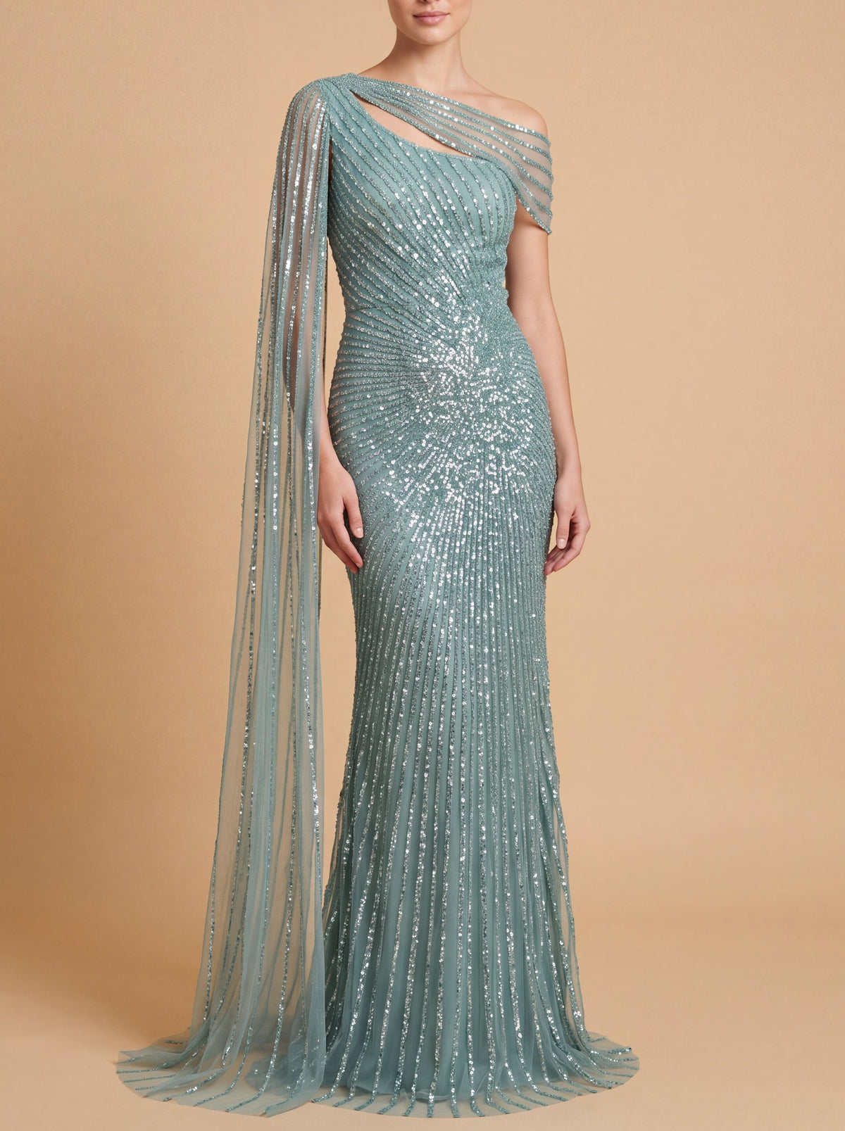 One Shoulder Fitted Gown with Cape Sleeve | Lara 29051