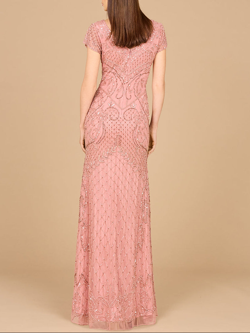 Beaded Cap Sleeve Gown With V-Neckline - OUTLET