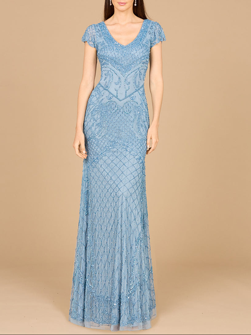 Beaded Cap Sleeve Gown With V-Neckline - OUTLET