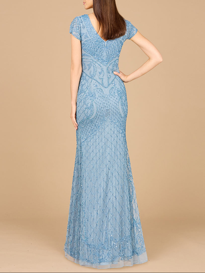 Beaded Cap Sleeve Gown With V-Neckline - OUTLET