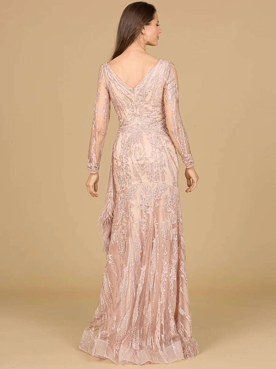 Lara 29133 - Long Sleeve V-Neck Lace Gown with Feathers