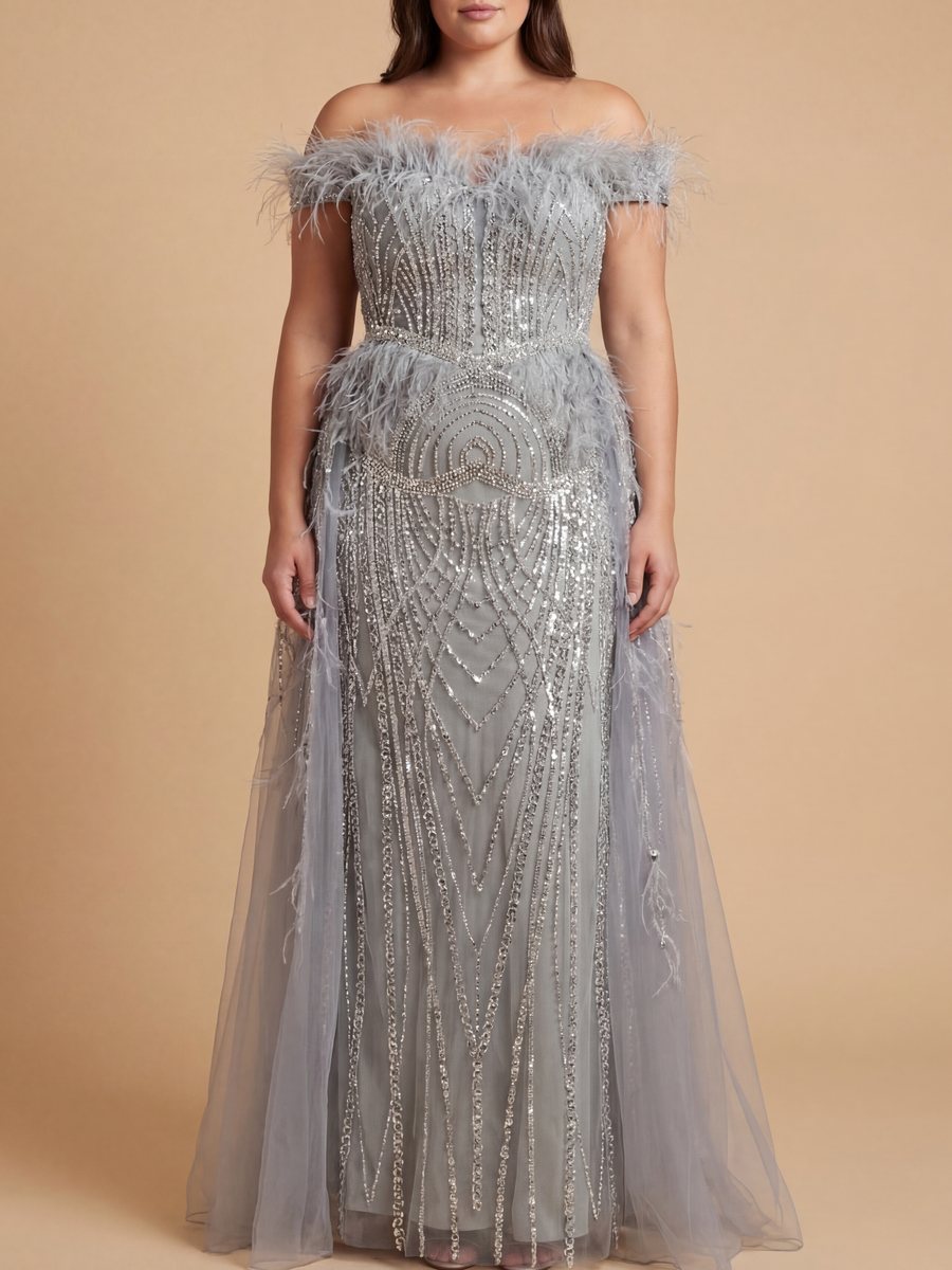 Off Shoulder Gown with Feathers