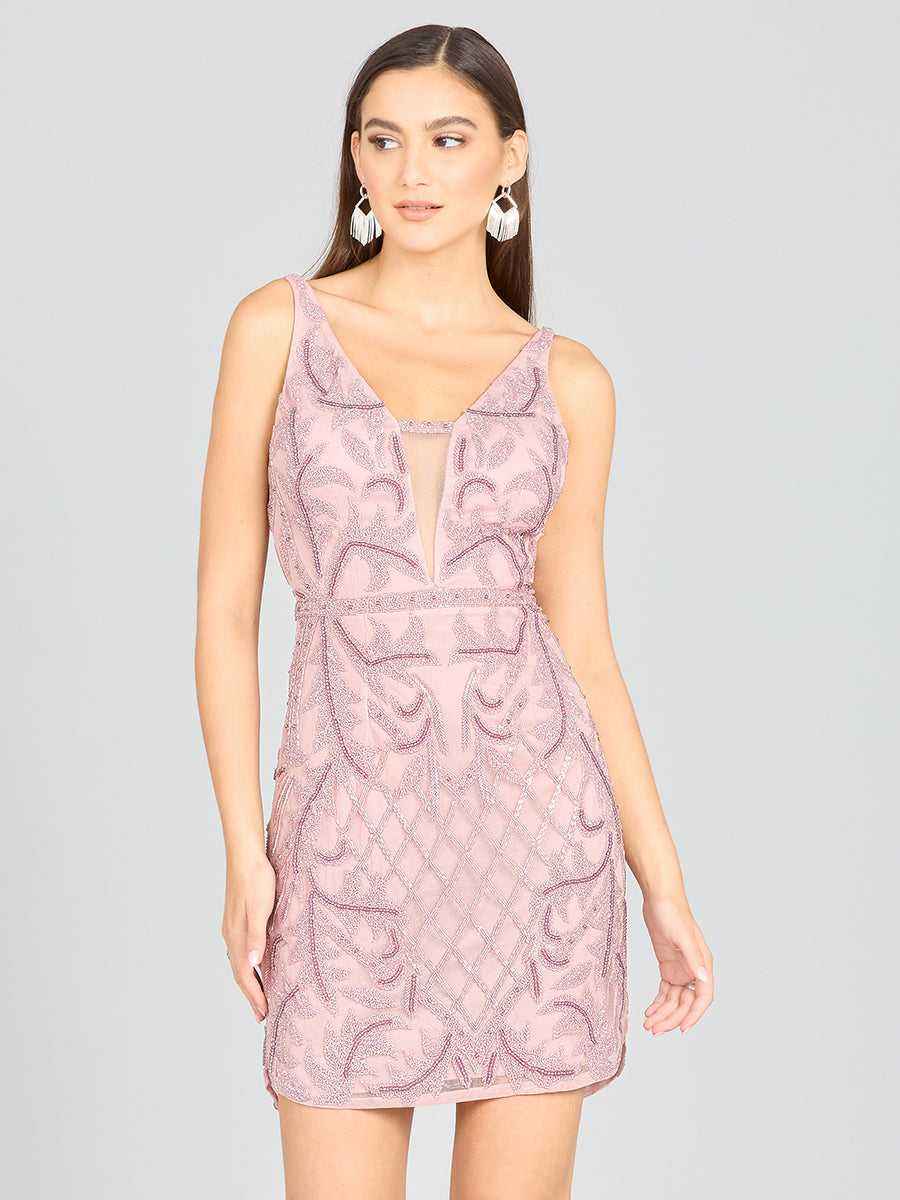 Deep V-Neck Beaded Mini Dress with Low Back