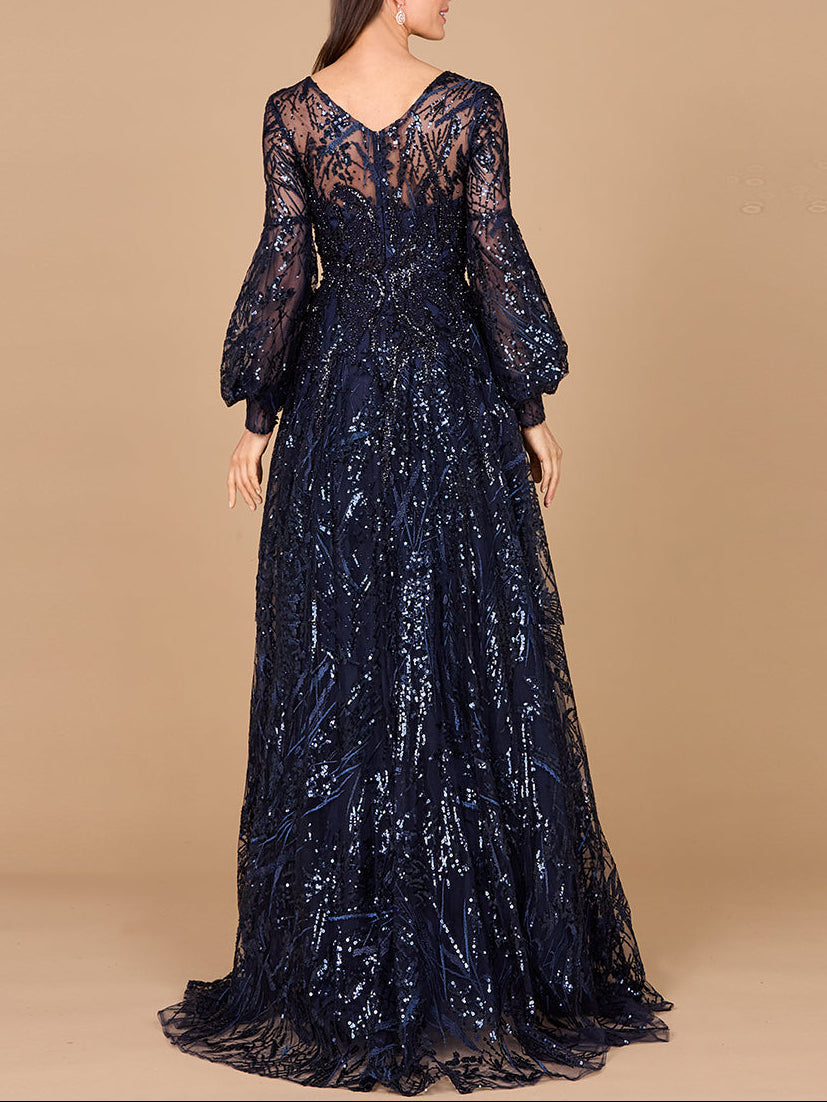 V Neckline Long Sleeve Gown
